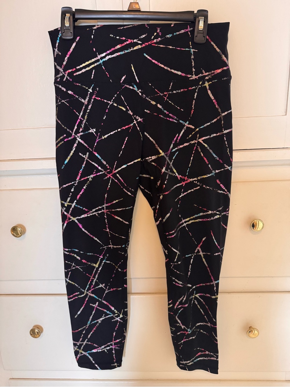 ZYIA Women’s Black Leggings with Colorful Stripe Splatter